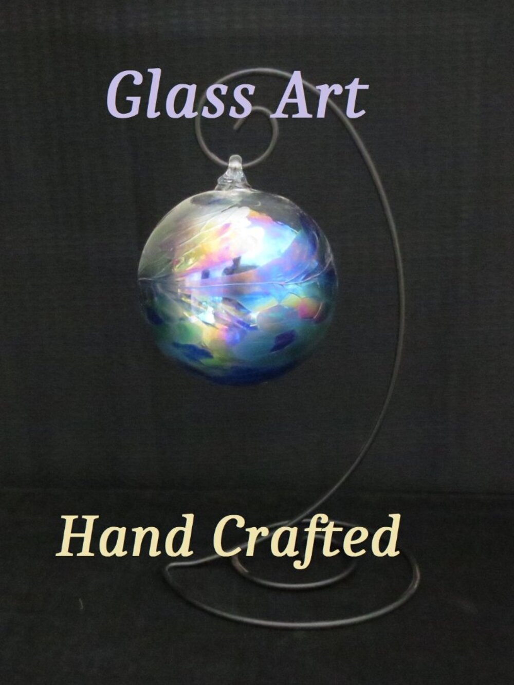 NEW Glass Art Deco Iridescent Blue Purple Fairy Ball Flower Friendly Metal Stand